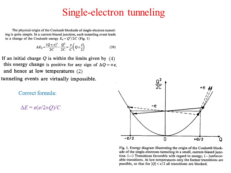 Single-electron tunneling (4) (2) ΔE = e(e/2±Q)/C Correct formula: